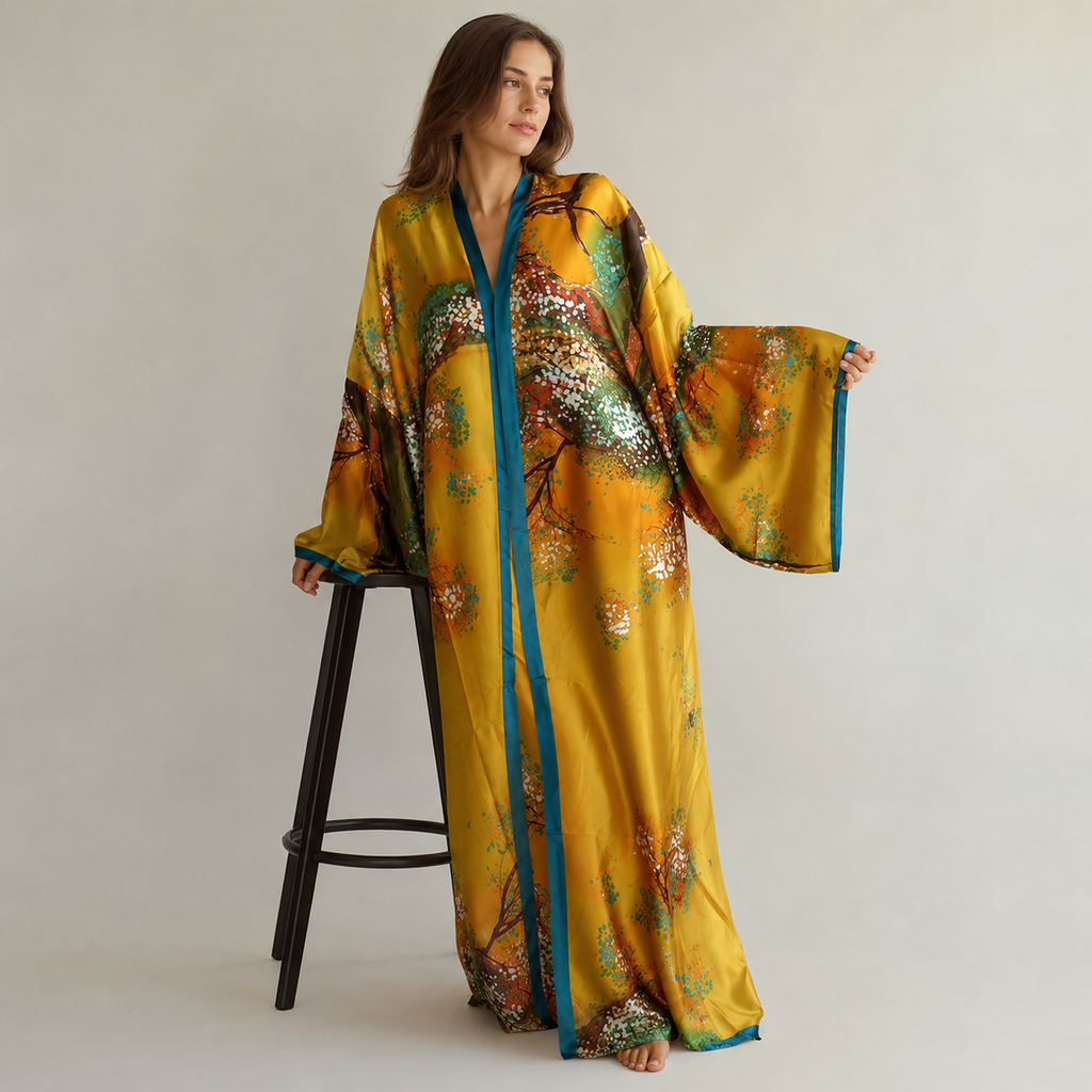 Kimono floral ocre turquoise — vue 3