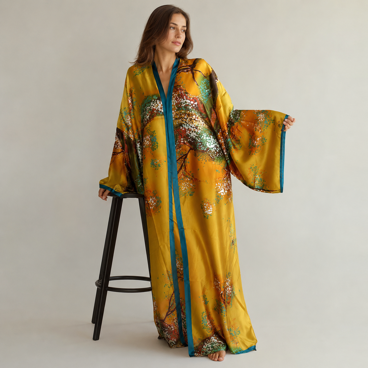 Kimono floral ocre turquoise — vue 3