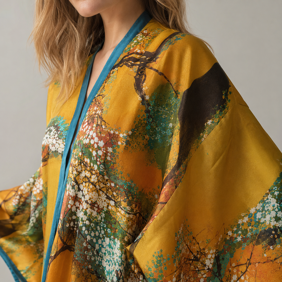 Kimono floral ocre turquoise — vue 4