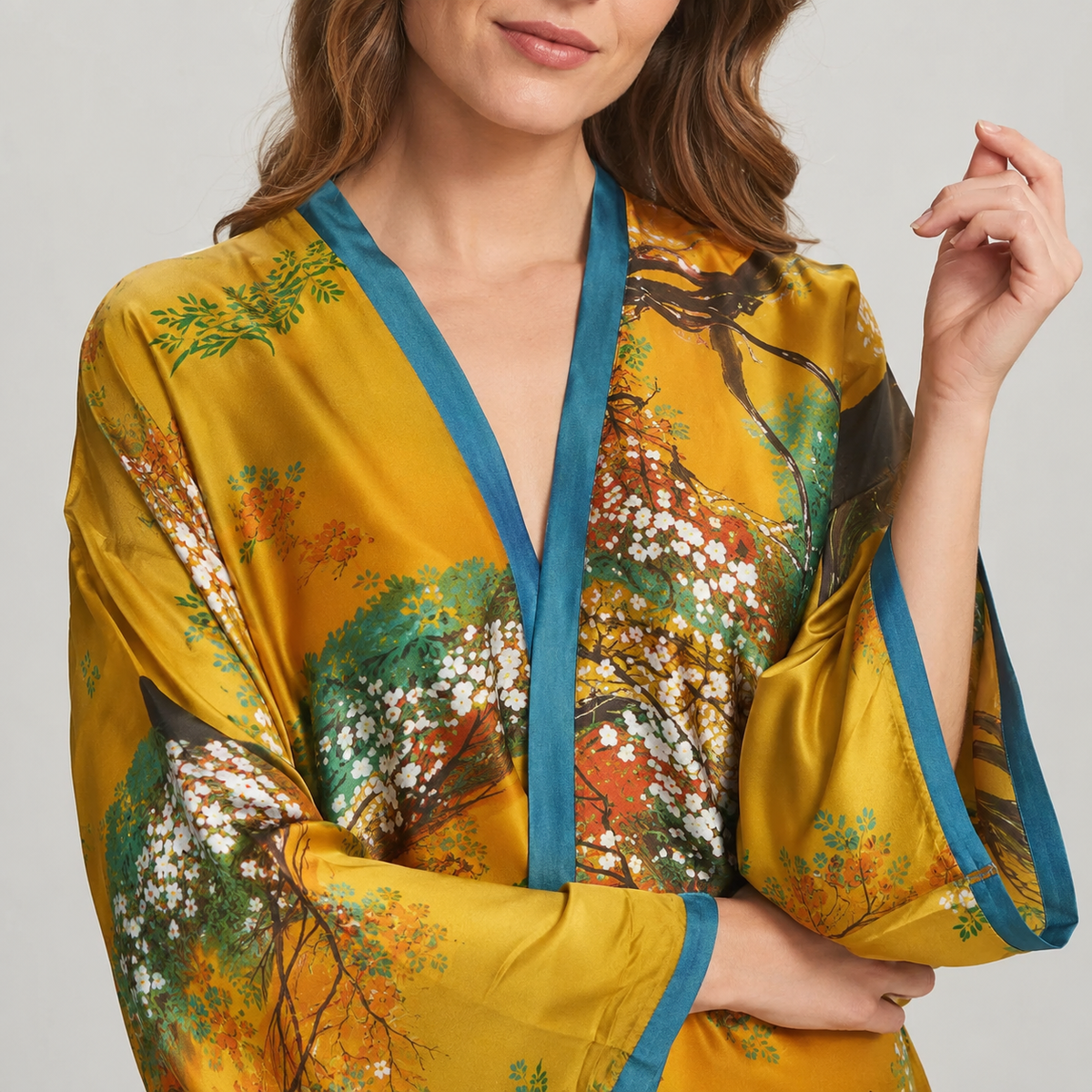 Kimono floral ocre turquoise — vue 5