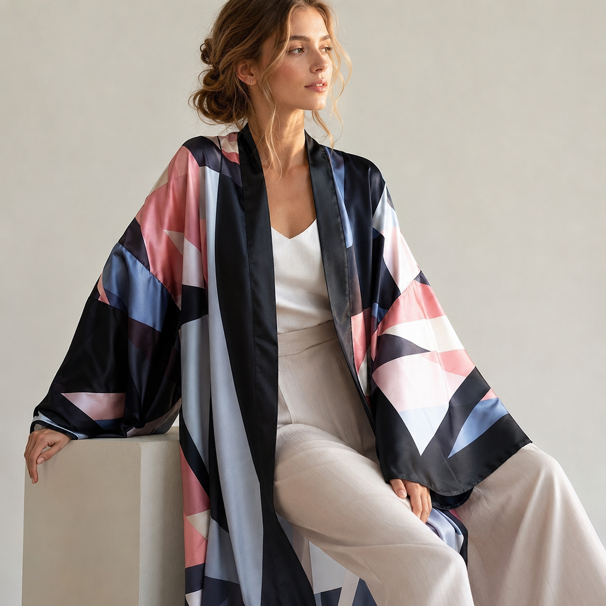 Kimono Géométrique Rose Bleu Nuit — pose alternative