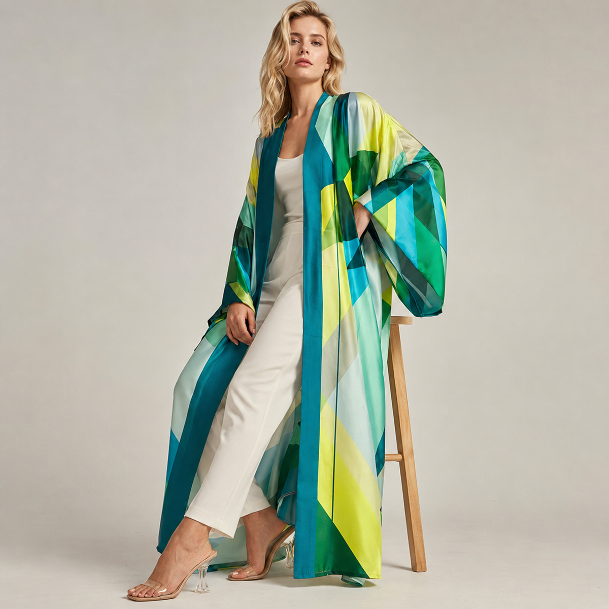 Kimono Géométrique Vert Turquoise — pose alternative