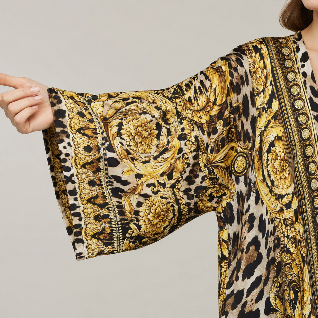 Kimono long léopard baroque — détail finition