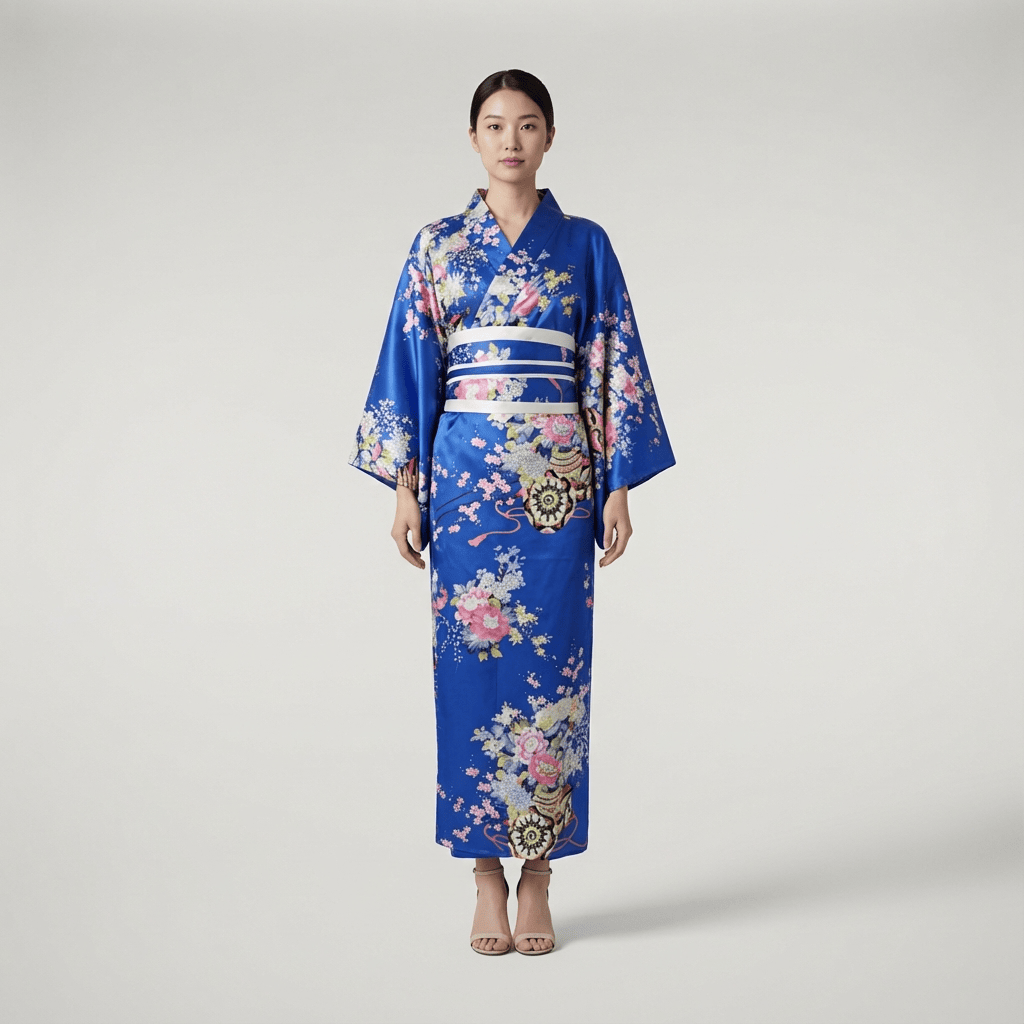 Kimono Long Bleu Fleuri