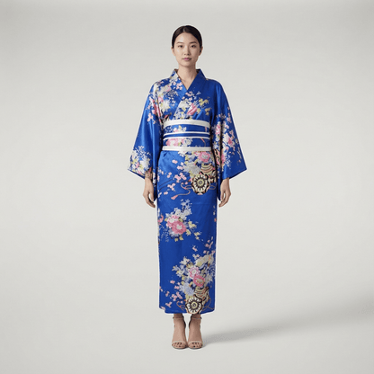 Kimono Long Bleu Fleuri