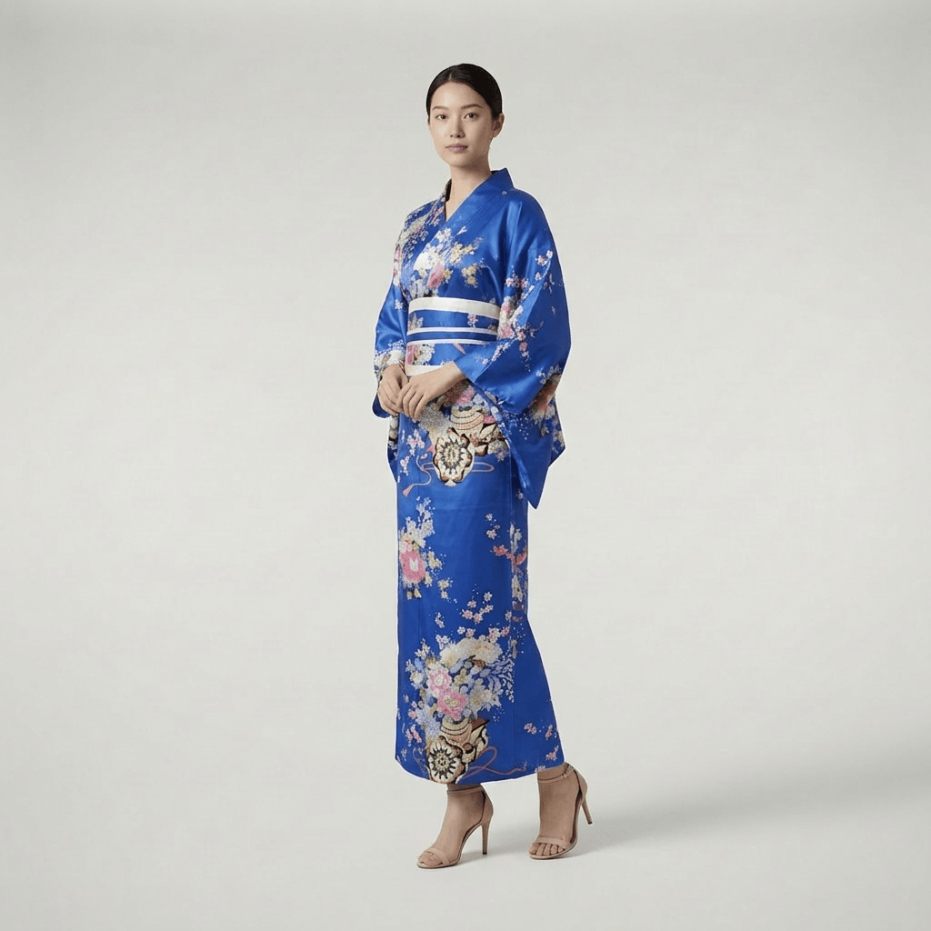 Kimono Long Bleu Fleuri