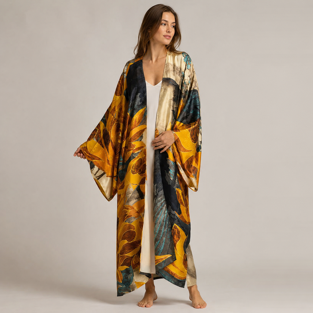 Kimono long floral ocre bleu pétrole — vue principale