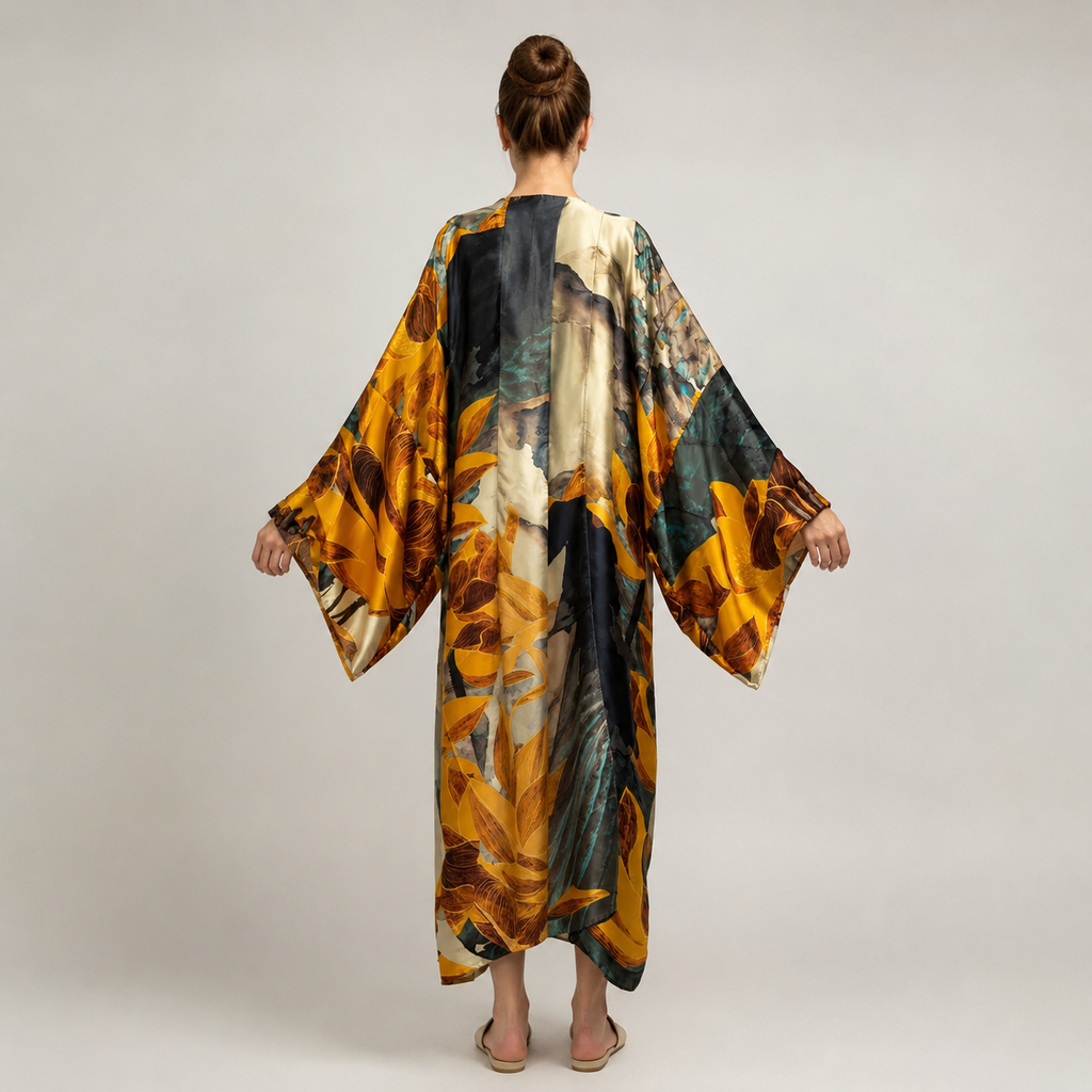 Kimono long floral ocre bleu pétrole — vue dos
