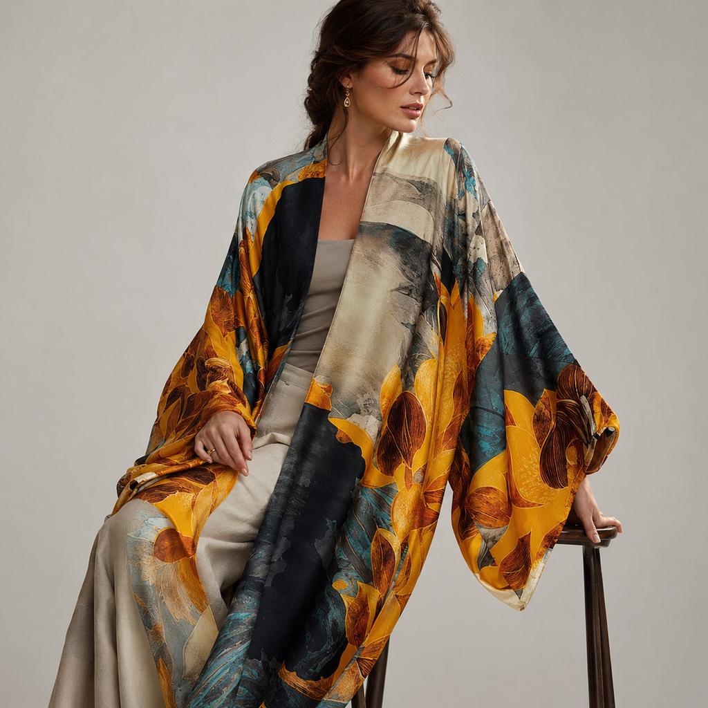 Kimono long floral ocre bleu pétrole — pose alternative