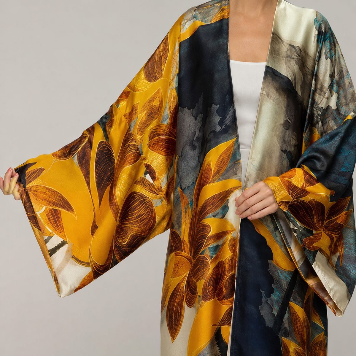 Kimono long floral ocre bleu pétrole — matière