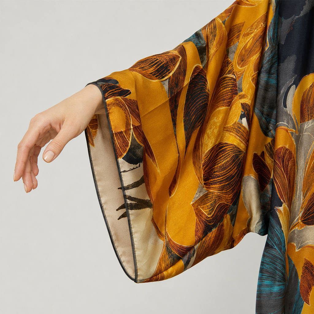 Kimono long floral ocre bleu pétrole — finition manche