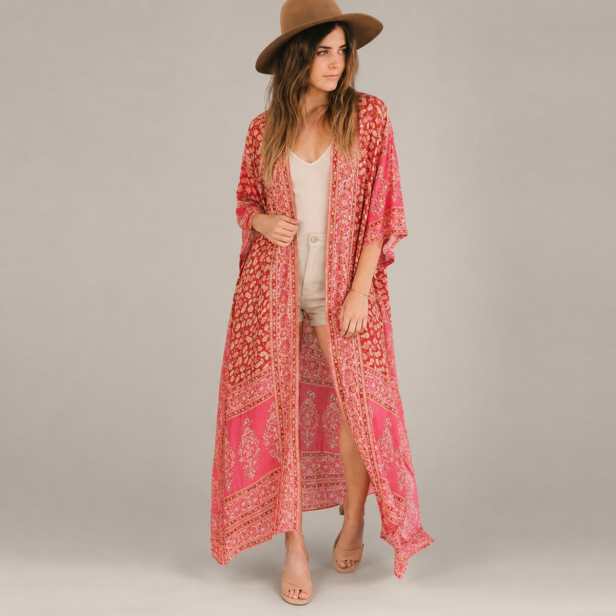 Kimono mousseline Bohème Corail Rose — vue principale