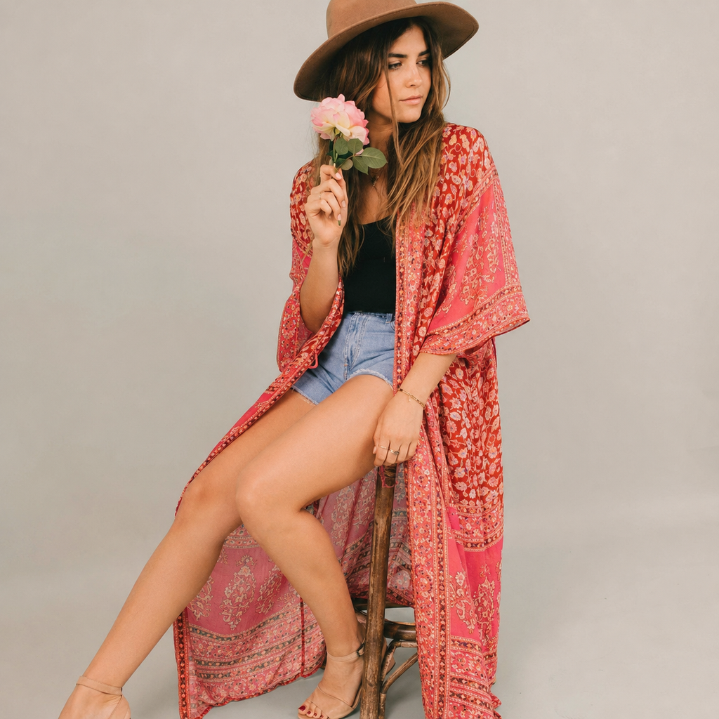 Kimono mousseline Bohème Corail Rose — pose alternative