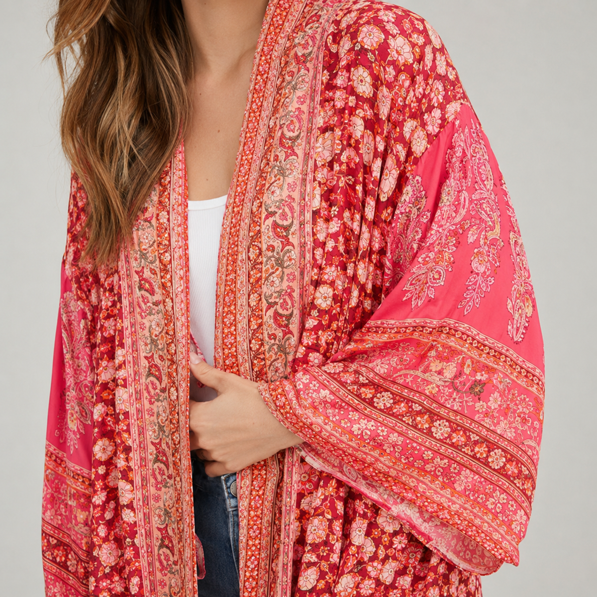 Kimono mousseline Bohème Corail Rose — matière