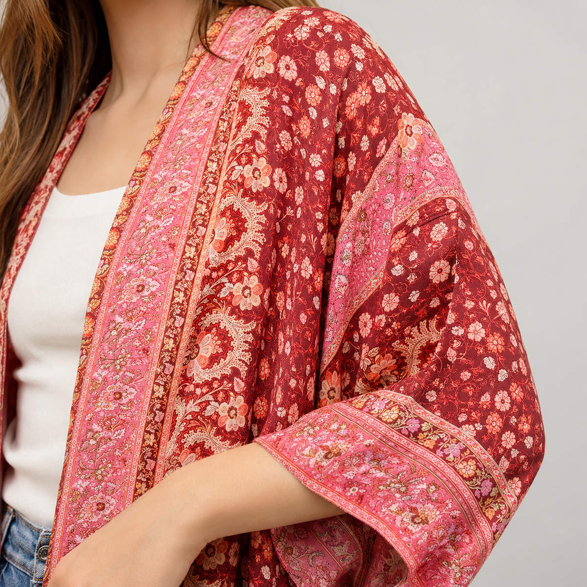 Kimono mousseline Bohème Corail Rose — finition