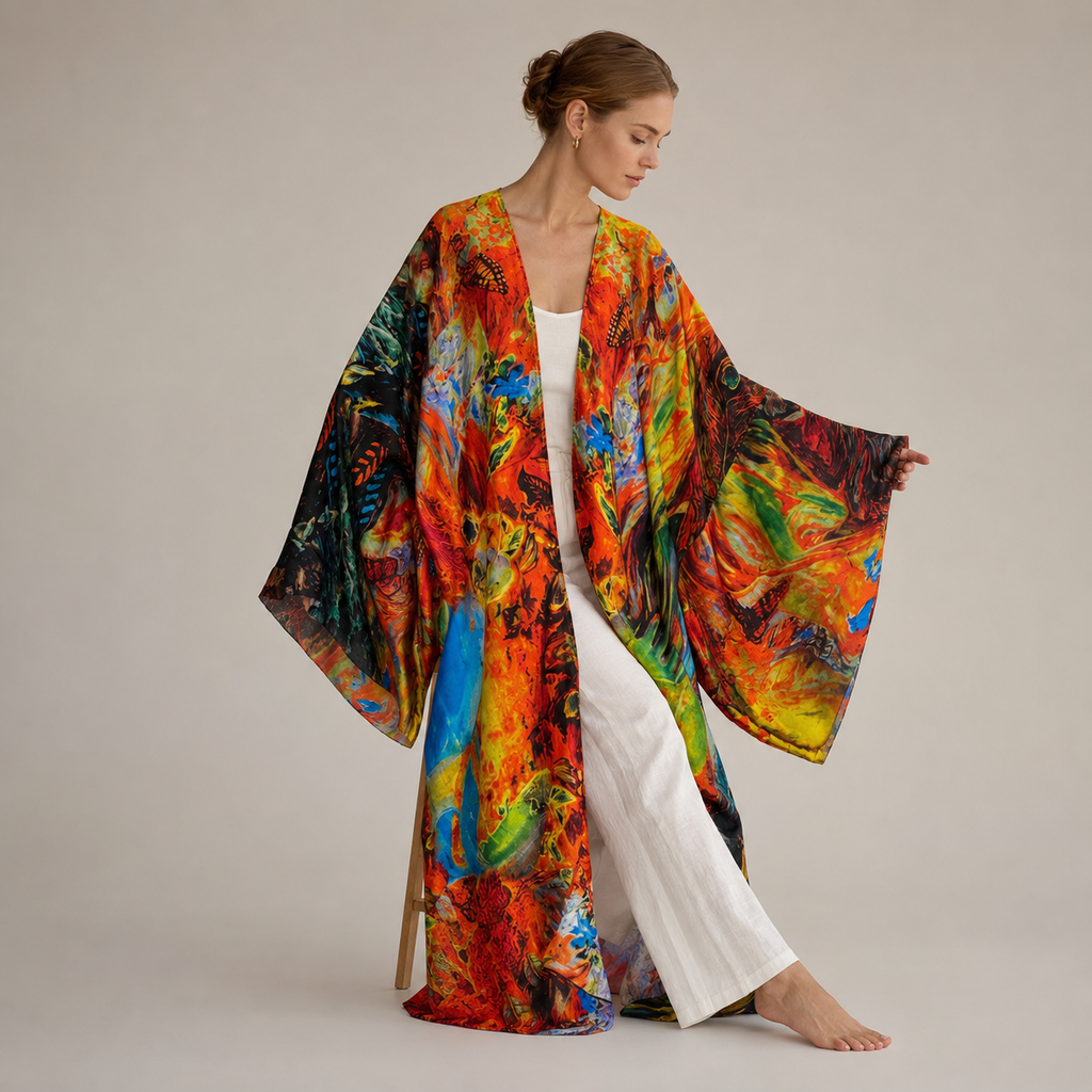 Kimono plage long imprimé — pose alternative