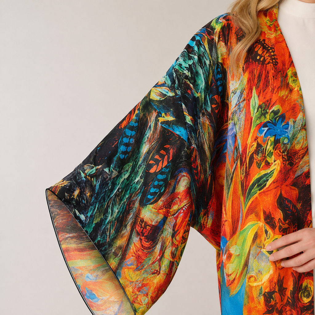 Kimono plage long imprimé — finition manche