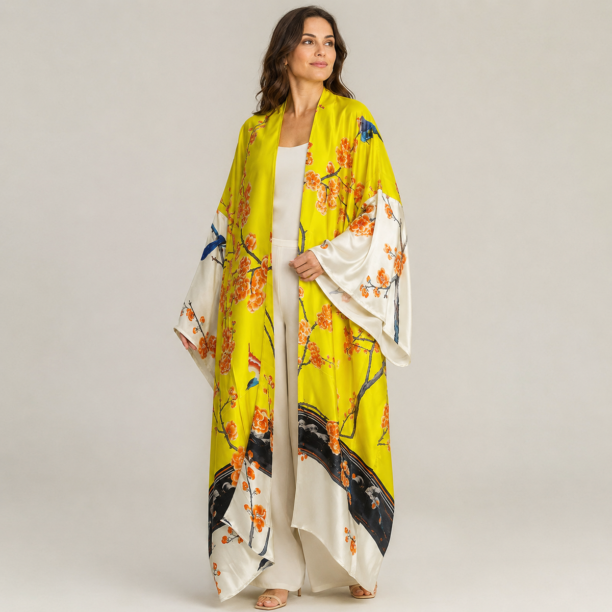 Kimono long Sakura jaune ivoire — vue principale