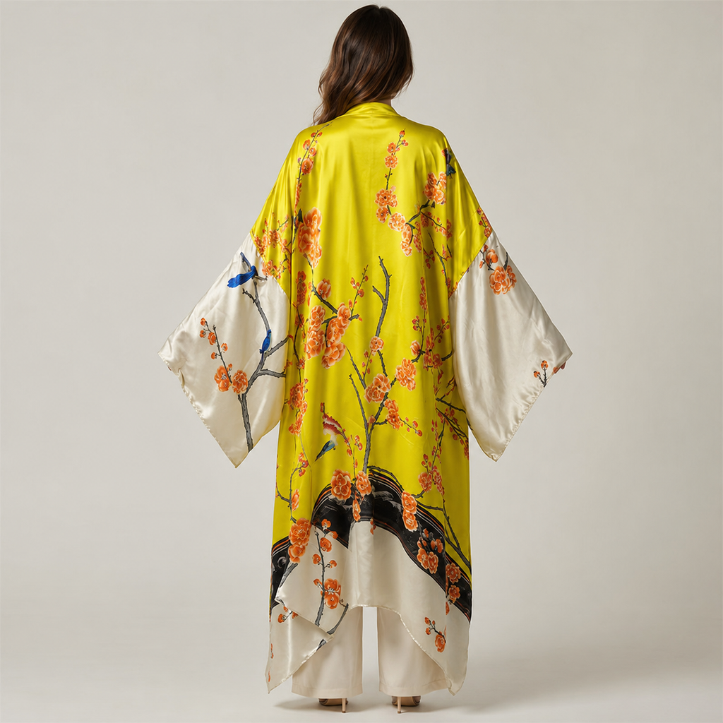 Kimono long Sakura jaune ivoire — vue dos
