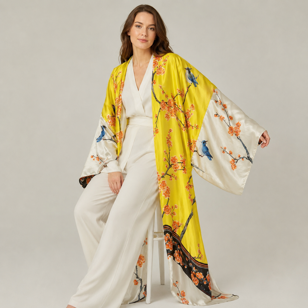 Kimono long Sakura jaune ivoire — pose alternative