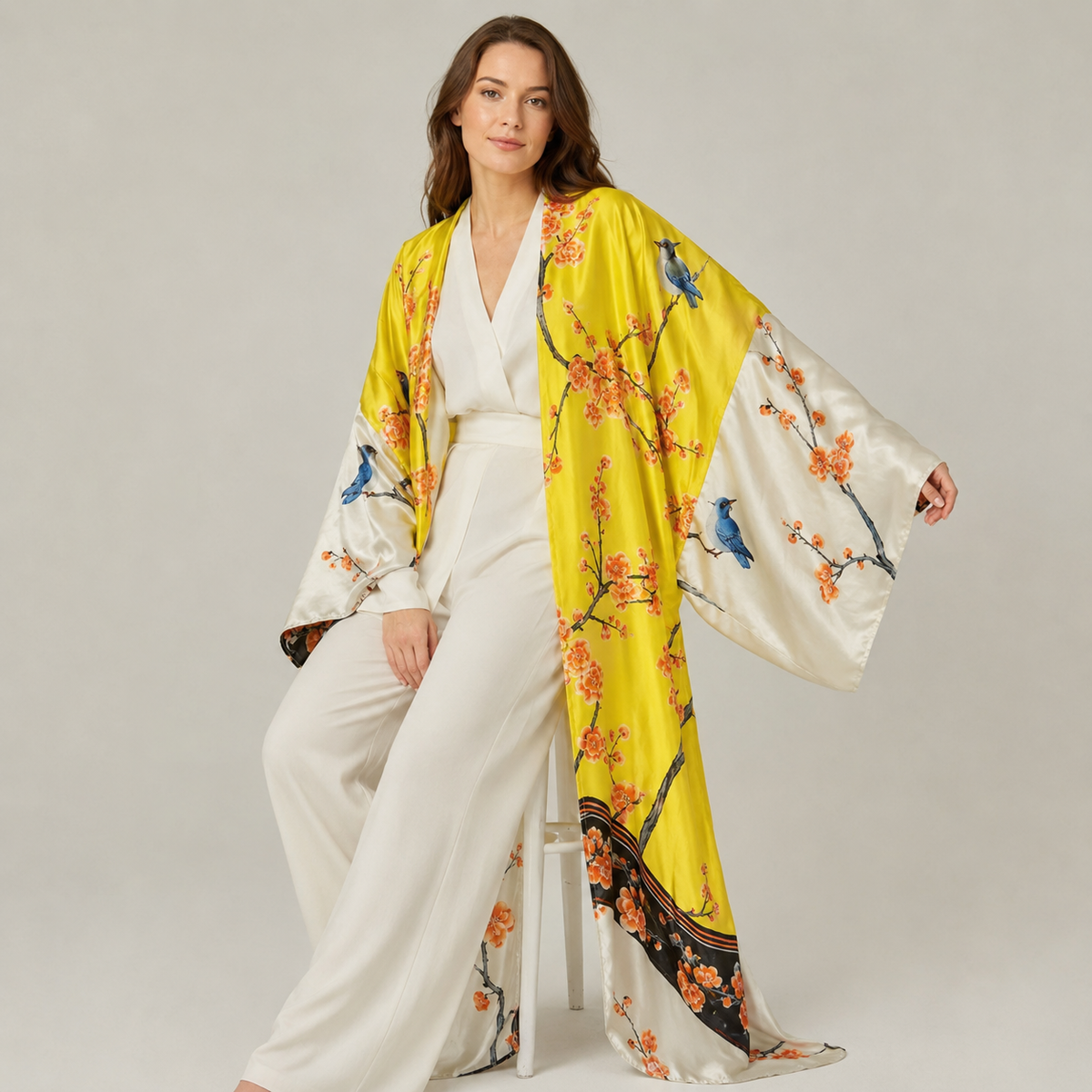 Kimono long Sakura jaune ivoire — pose alternative