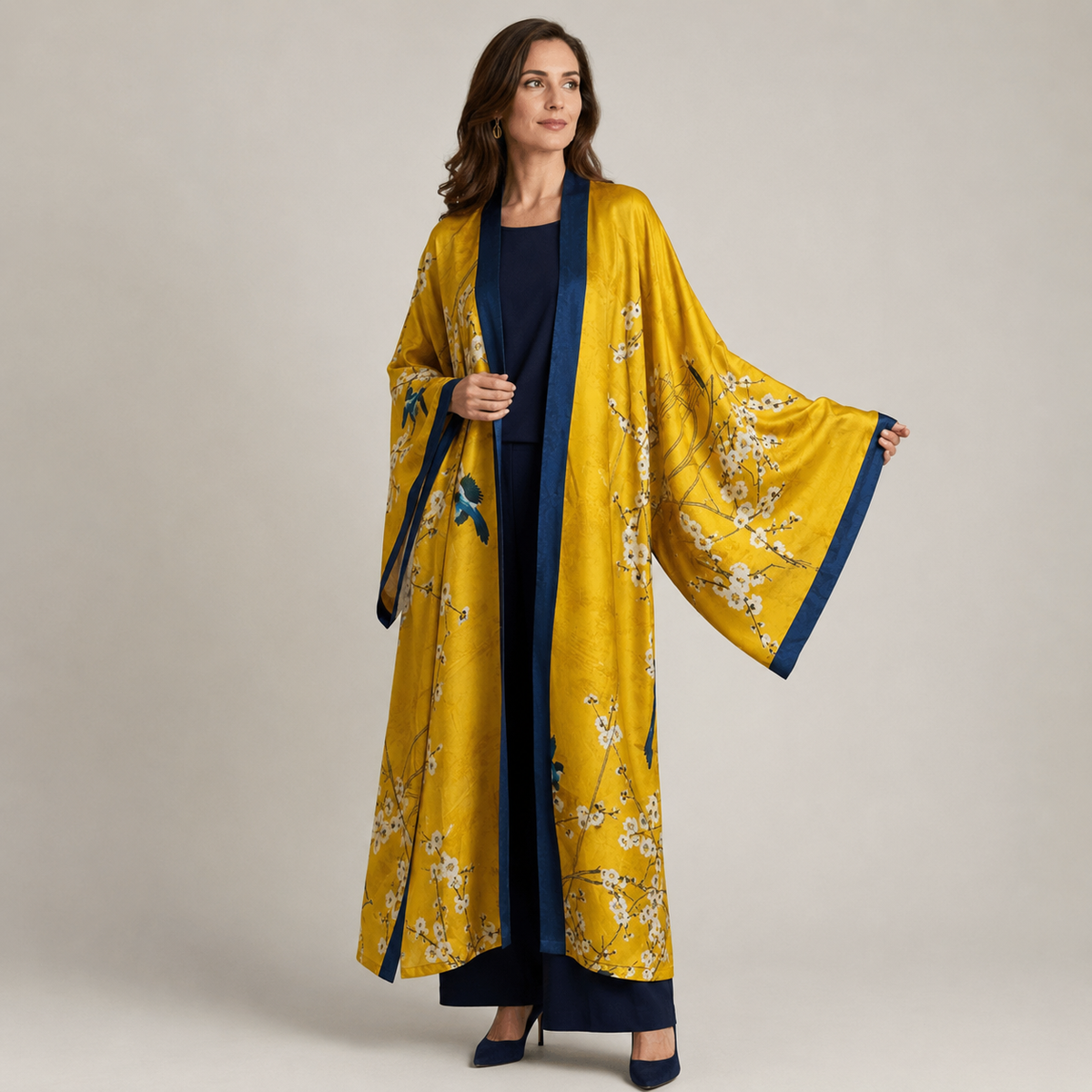 Kimono long Sakura moutarde bleu — vue principale