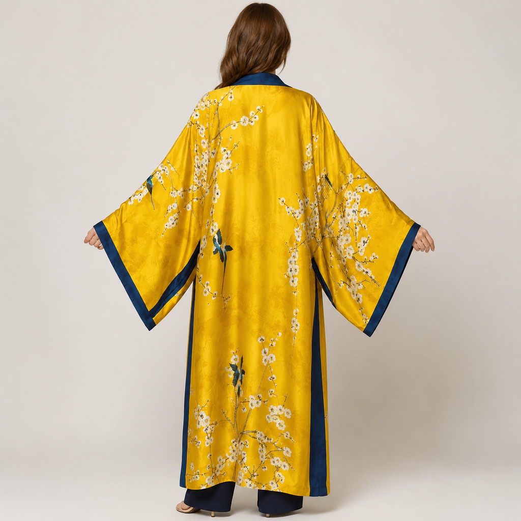 Kimono long Sakura moutarde bleu — vue dos