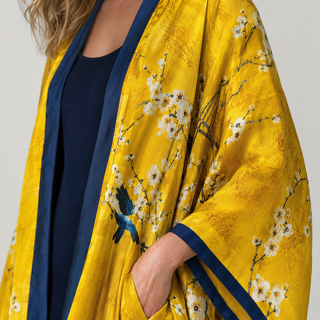 Kimono long Sakura moutarde bleu — détail matière