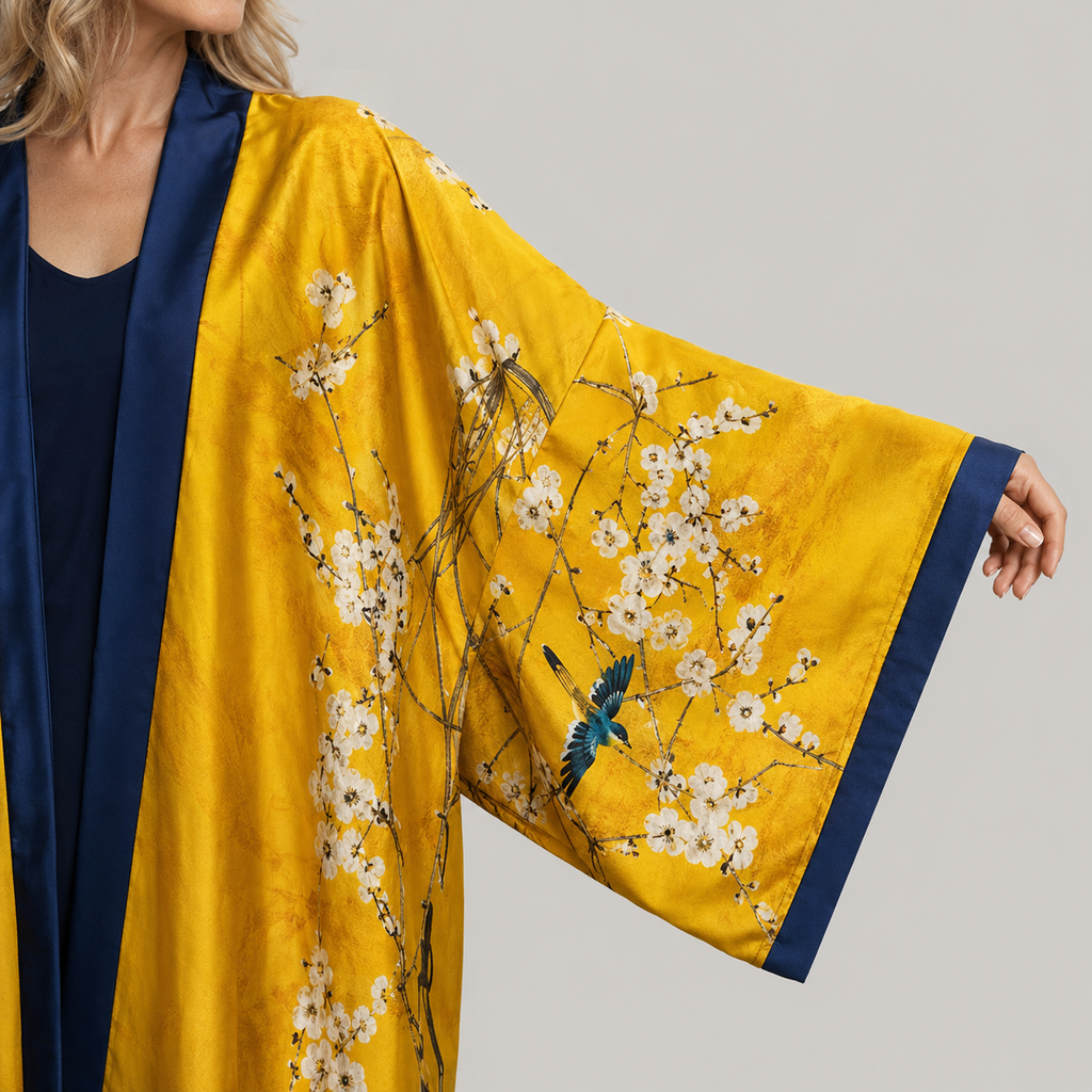Kimono long Sakura moutarde bleu — détail finition