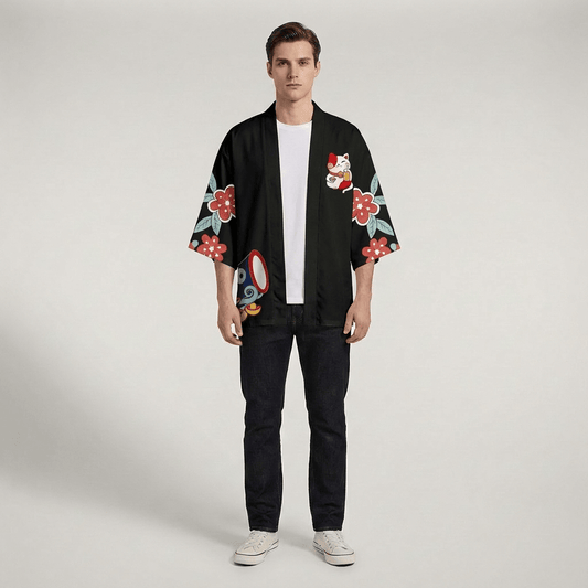 Veste Noir Kimono Homme Manche Courte