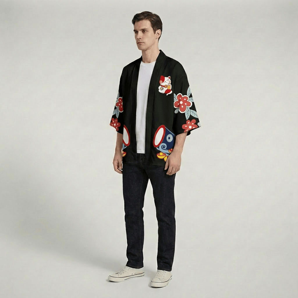 Veste Noir Kimono Homme Manche Courte